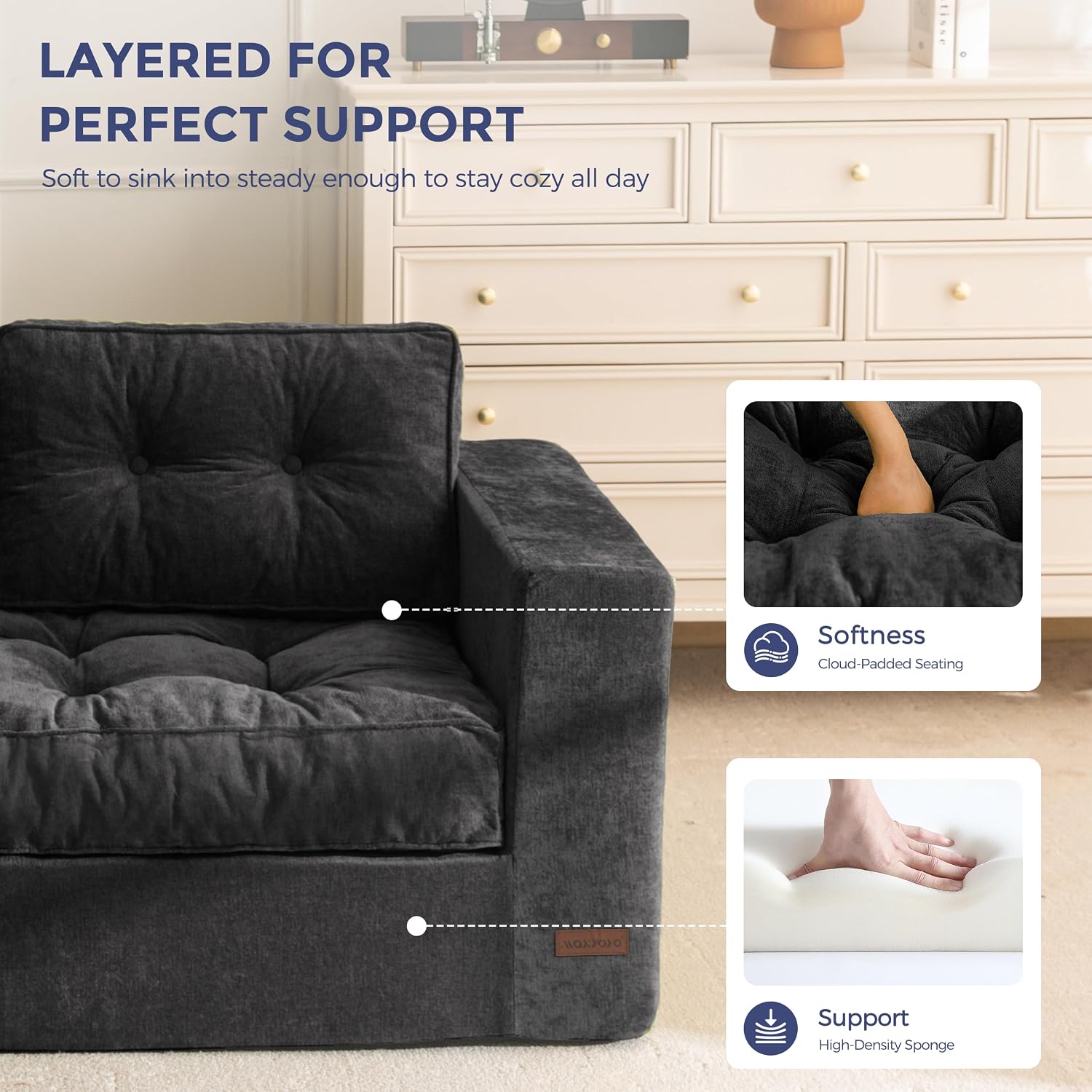 MAXYOYO Boneless Sofa Couch, 75' Oversized Loveseat Sofa, Tufted Floor Couch Bean Bag Chair for Living Room Bedroom Apartment, Sofa in a Box, No Assembly Needed, Black
