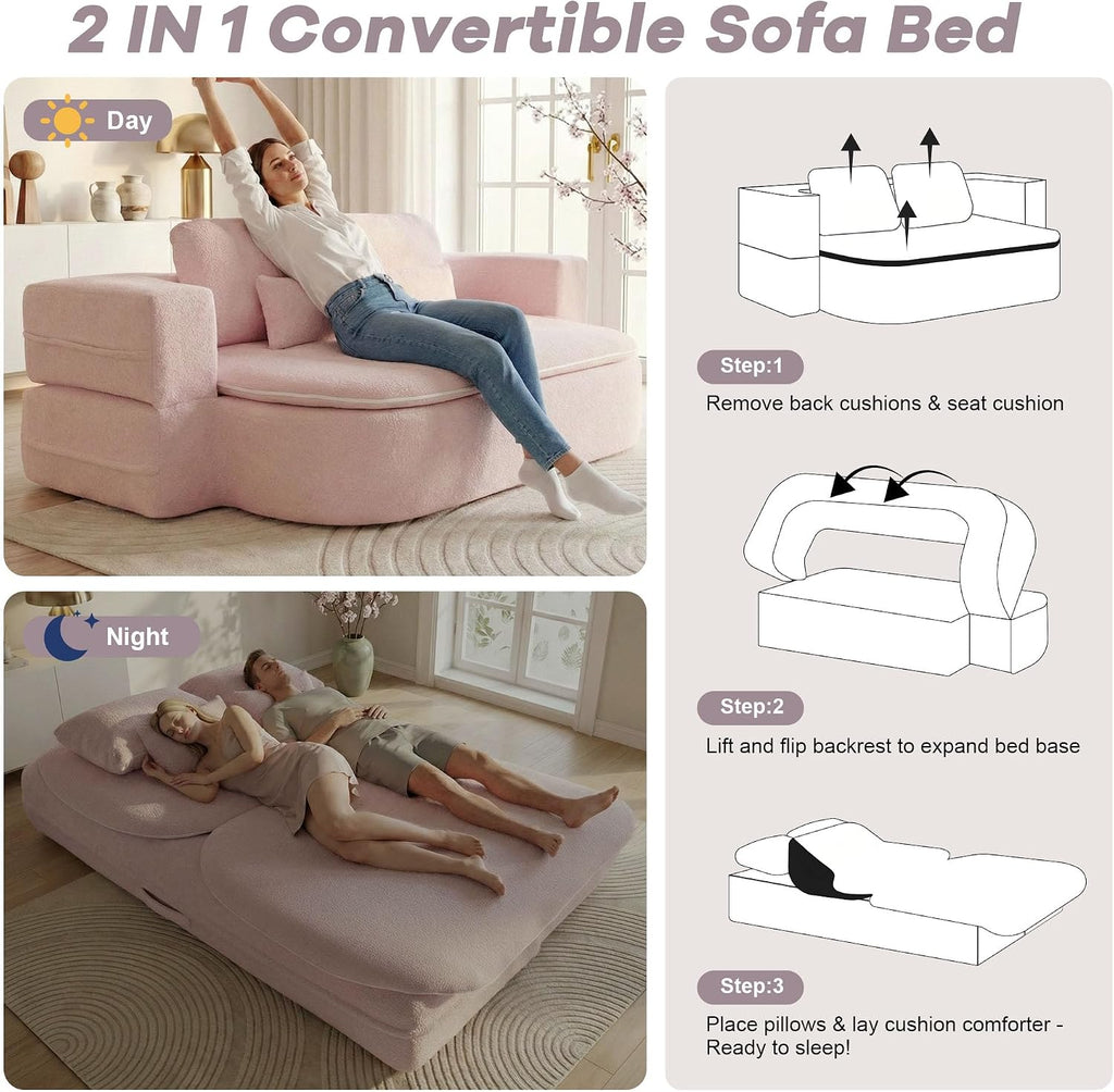75'' Folding Sleeper Sofa Bed, Convertible Memory Foam Boneless Couch, Foldable Full Size Guest Bed, Modern 2-in-1 Futon Floor Sleeper Sofa with 4 Pillows and Blanket (Teddy, Pink2)