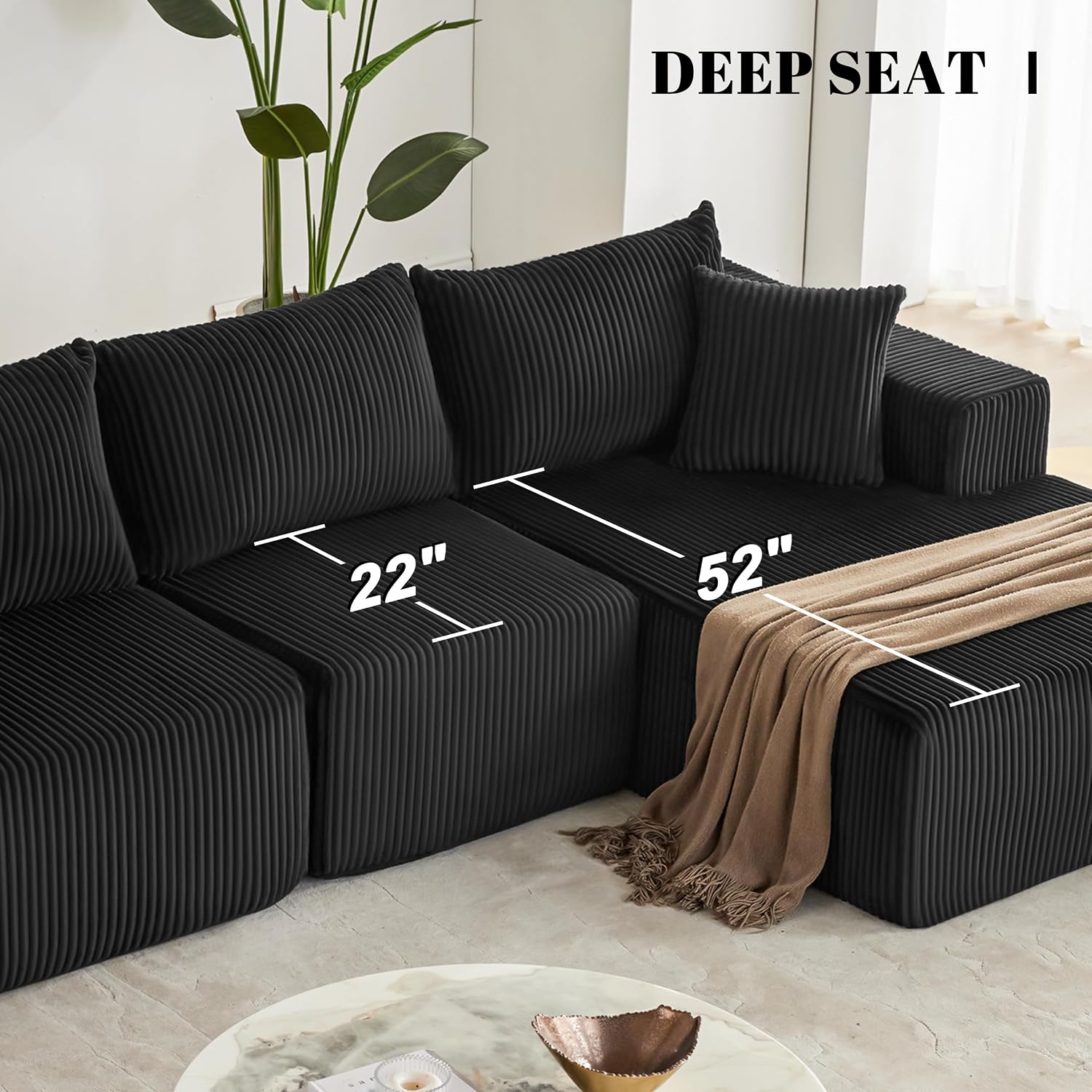 Weture 108' Modular Sectional Sofa, Cloud Sectional Couch with Deep Seat, Upholstered Boneless Couches for Living Room Bedroom, Modern Modular L-Shape Sofa with Chaise (Black, Corduroy)