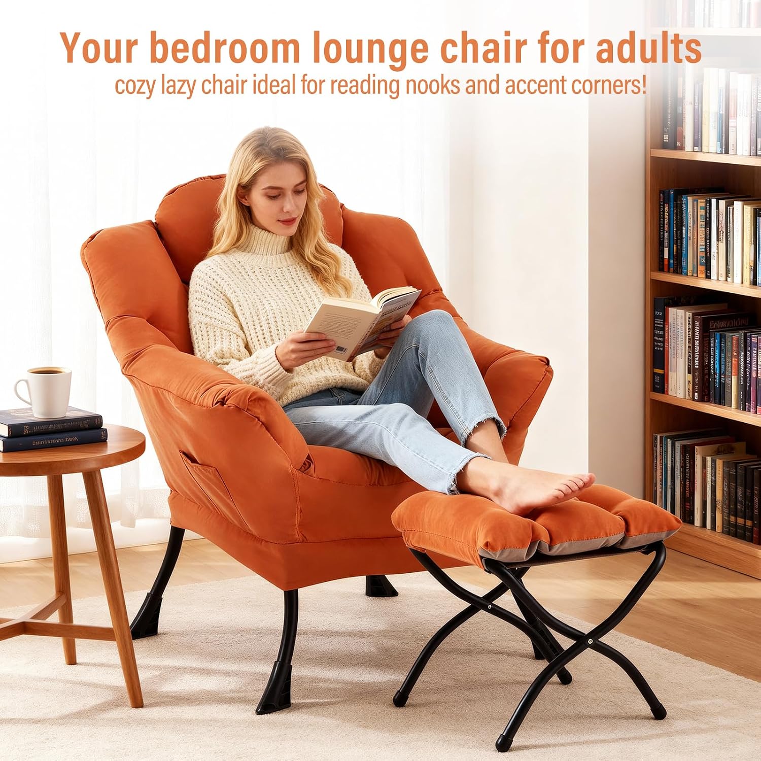 Furlide Lazy Chair with Ottoman, Modern Accent Chair with Armrests and a Side Pocket, Orange Accent Chairs, Reading Chairs, Oversized Armchairs for Bedroom, Study, Living Room, Courtyard