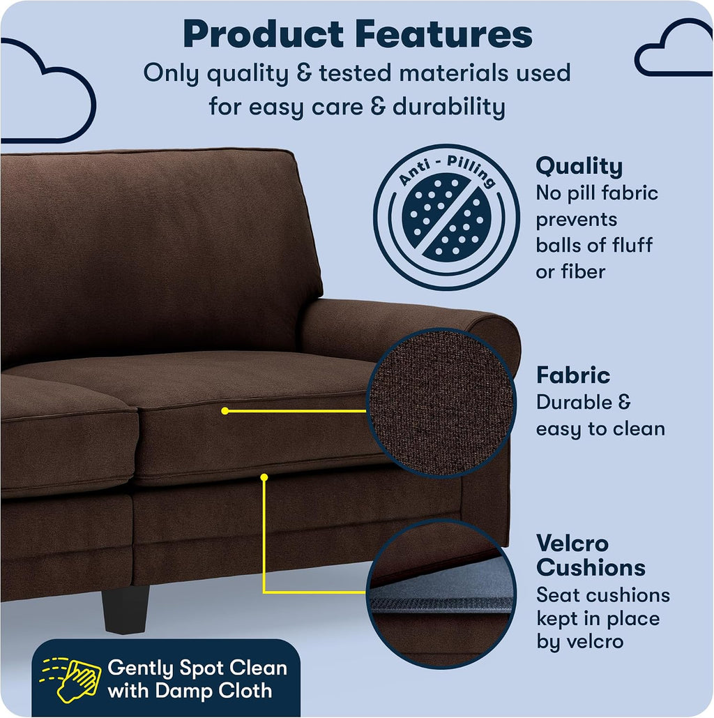 Serta Copenhagen 78' Rolled Arm Sofa, Easy Care Polyester, Soft Pillow Back, Pocket Coil Seat Cushions, Removable Covers, Loveseat or Couch for Small Spaces, Living Rooms or Bedrooms, Brown
