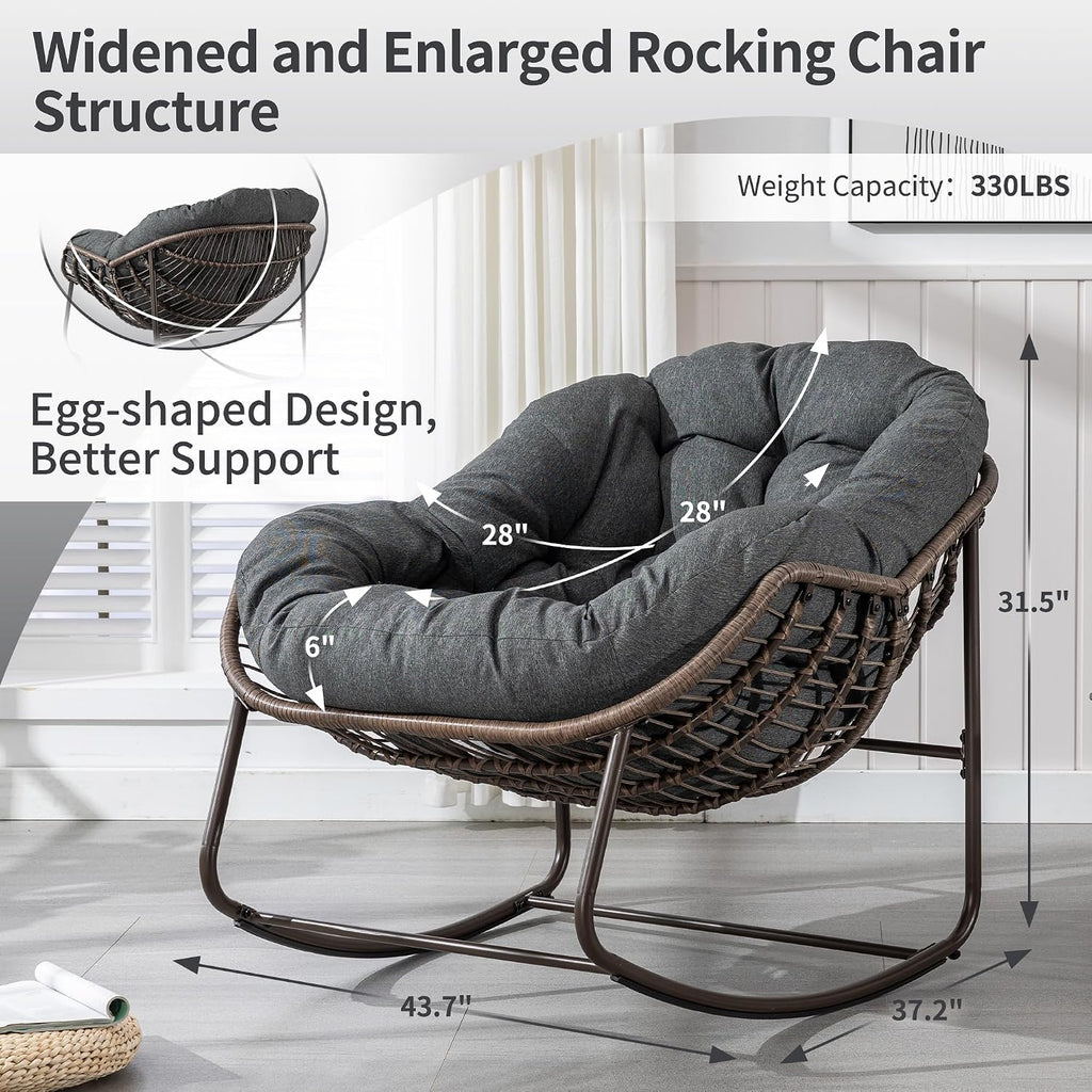 HOMEFUN Nursery Rocking Chairs Oversized Papasan Chair Indoor with Padded Cushion Upholstered Glider for Reading Living Rooms BedroomsOffices, Grey