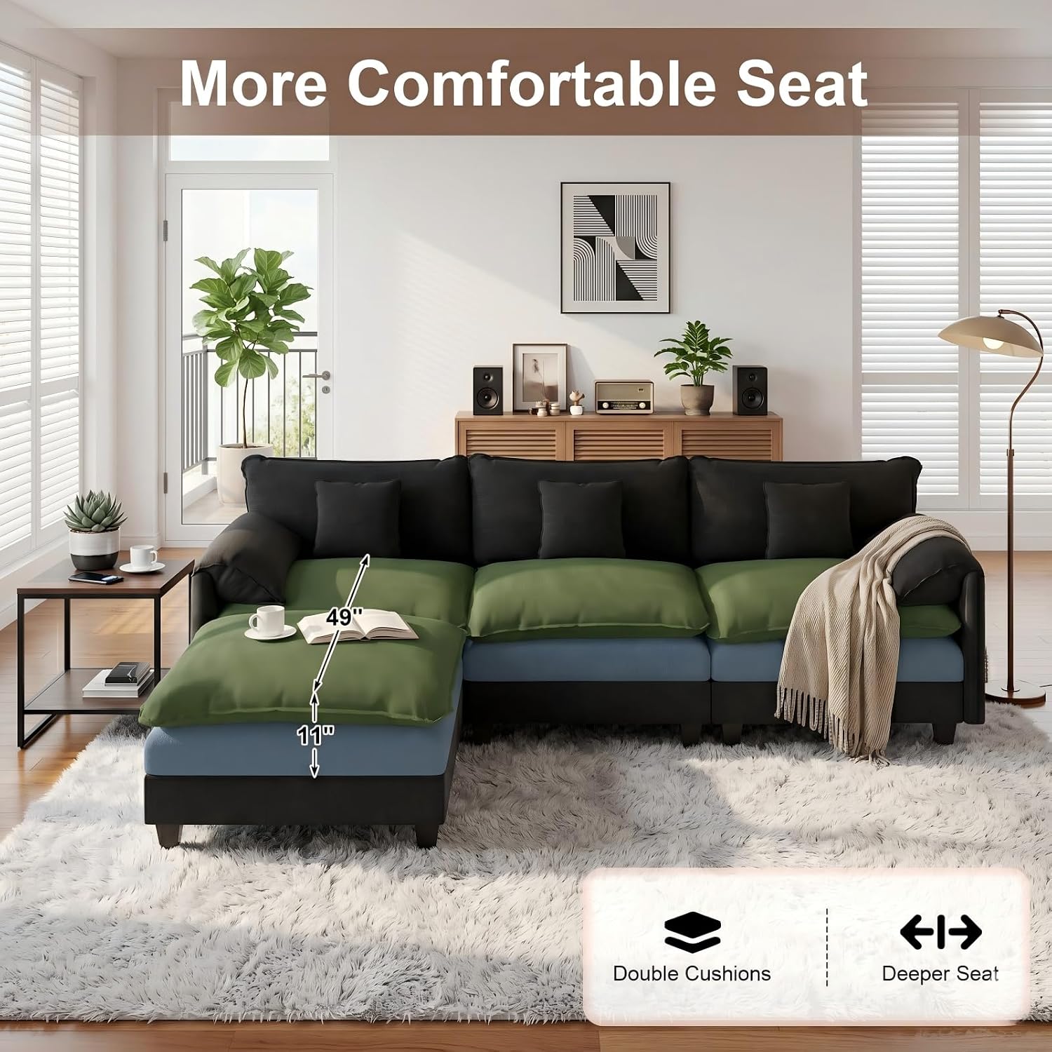 KCGKCG Modular Sectional Sofa, 108' Comfy Cloud Couch with Movable Ottoman | Charging Station | Side Pocket | Throw Pillow, Modern L-Shaped Couches for Living Room, Chenille, Classic Black