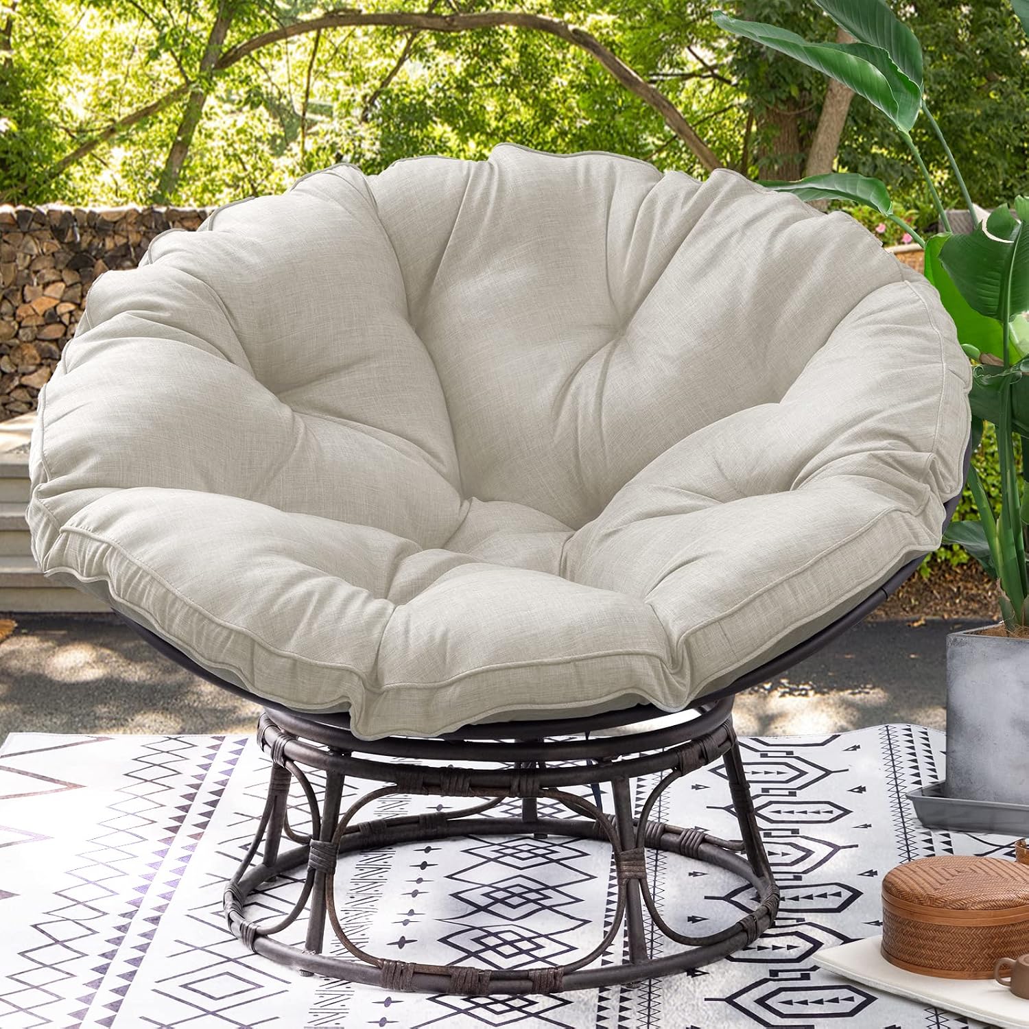 Joyside Papasan Chair with Cushion and Frame, 46'' Wicker Papasan Lounge Chair Large Saucer Chair, Brown Frame with Beige Cushion