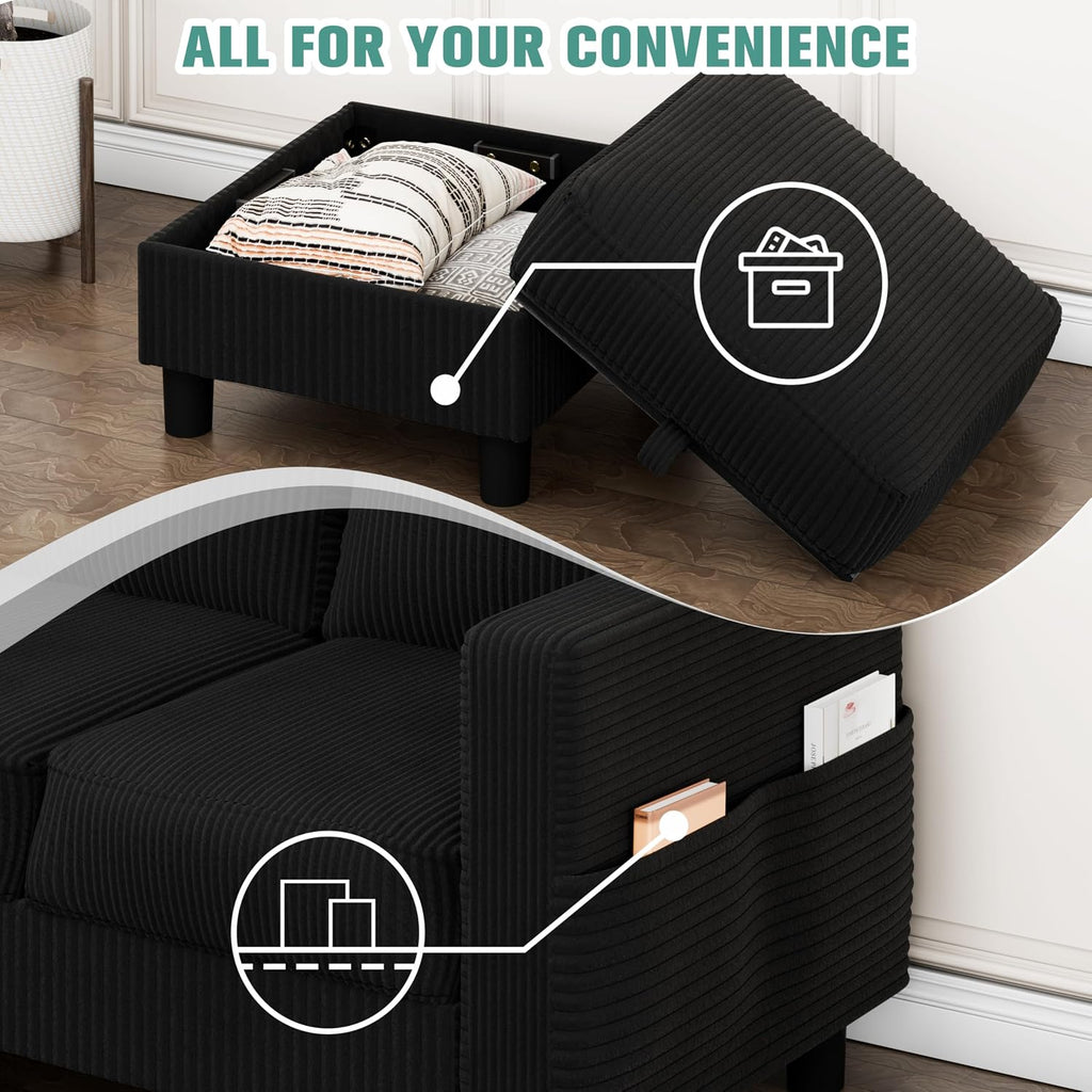 SUNLEI Convertible Sectional Couch Sofa for Small Spaces, L Shaped Modular Sofa with Removable Ottoman Storage, 3 Seat Modern Small Couches for Living Room in Apartment, Black
