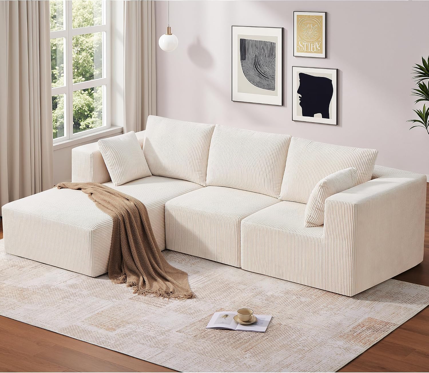 KINGYES 107'' Modular Sectional Sofa, L Shaped Cloud Couch for Living Room, Modern Plush Corduroy Boneless Sofa with Chaise for Bedroom, Beige