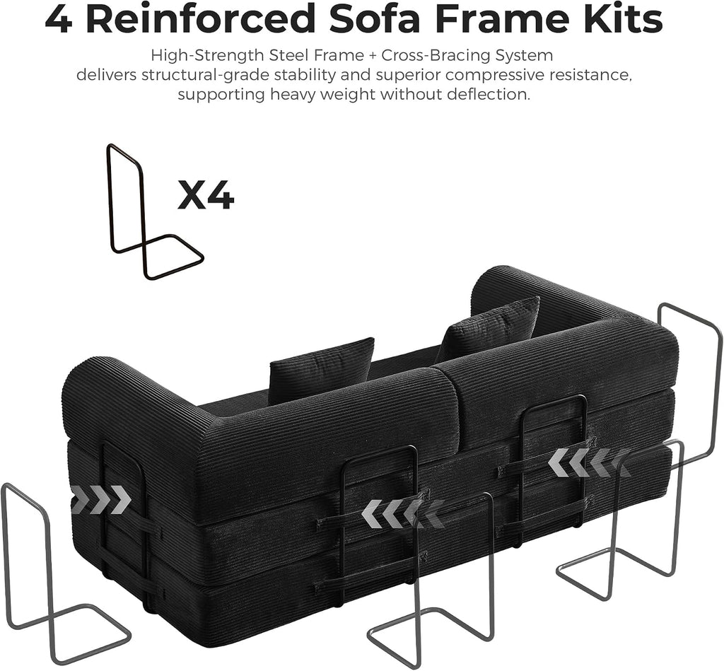 5-in-1 Convertible Sofa Bed No Assembly, 79' Fixed Steel Frame Sleeper with High-Resilience Foam, Corduroy Modular Couch Foldable for Small Space, Apartment, Studio (Black)