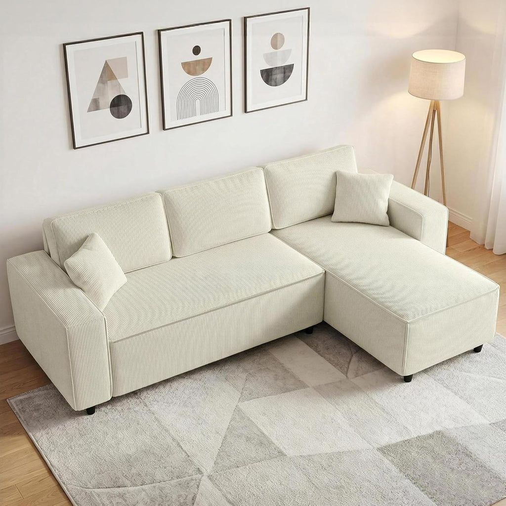 HOMCOM 95' Sectional Sofa with Reversible Chaise Lounge, L-Shaped Corner Sofa with Corduroy Fabric, Pocket Spring, 2 Pillows, Wide Arm, Thick Padded, 3 Seat Couch for Living Room, Cream White