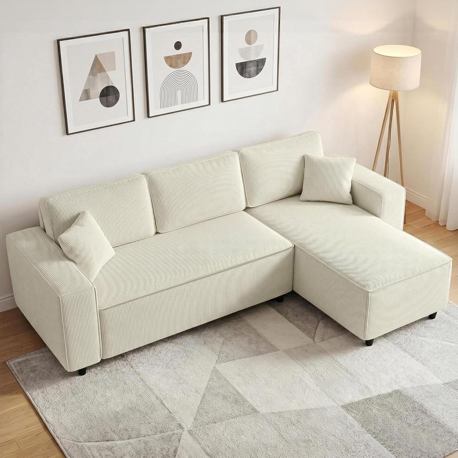 HOMCOM 95' Sectional Sofa with Reversible Chaise Lounge, L-Shaped Corner Sofa with Corduroy Fabric, Pocket Spring, 2 Pillows, Wide Arm, Thick Padded, 3 Seat Couch for Living Room, Cream White