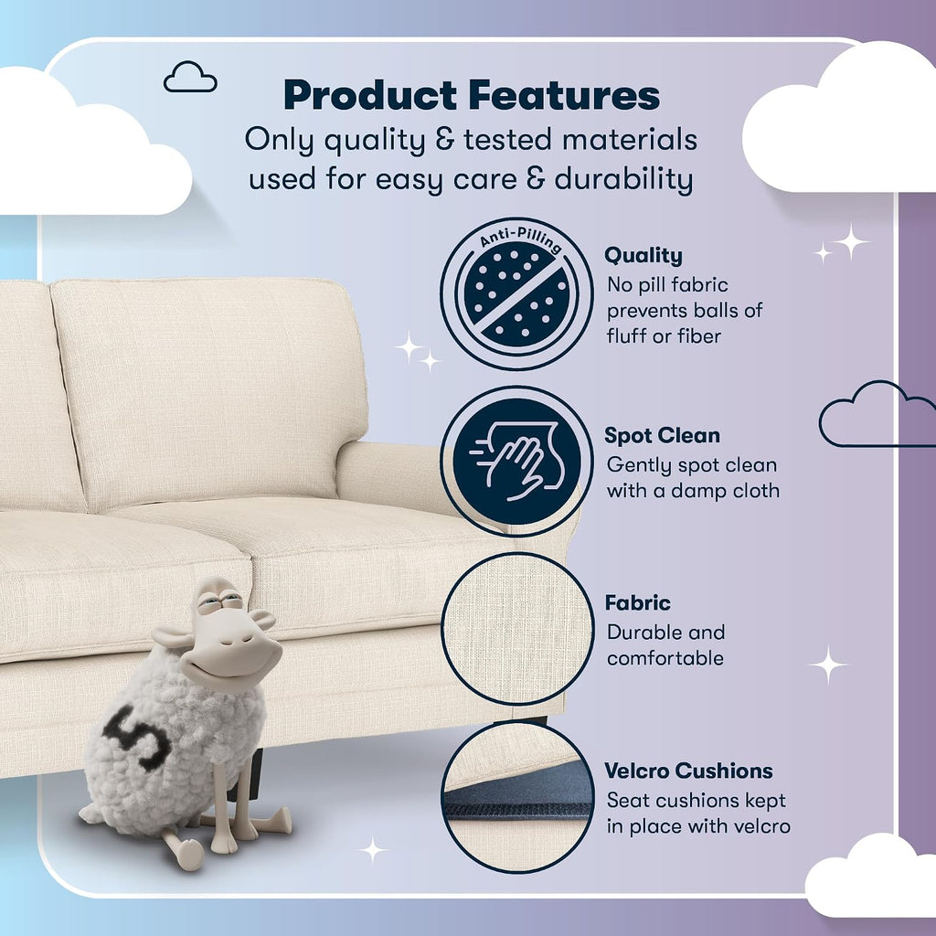 Serta Copenhagen Small Loveseat Sofa, 61 Inch Couch with Rolled Arms, Pocket Coil Seat Cushions, Removable Covers, Easy Care Polyester Upholstery for Living Room, Bedroom or Office, Buckwheat Beige