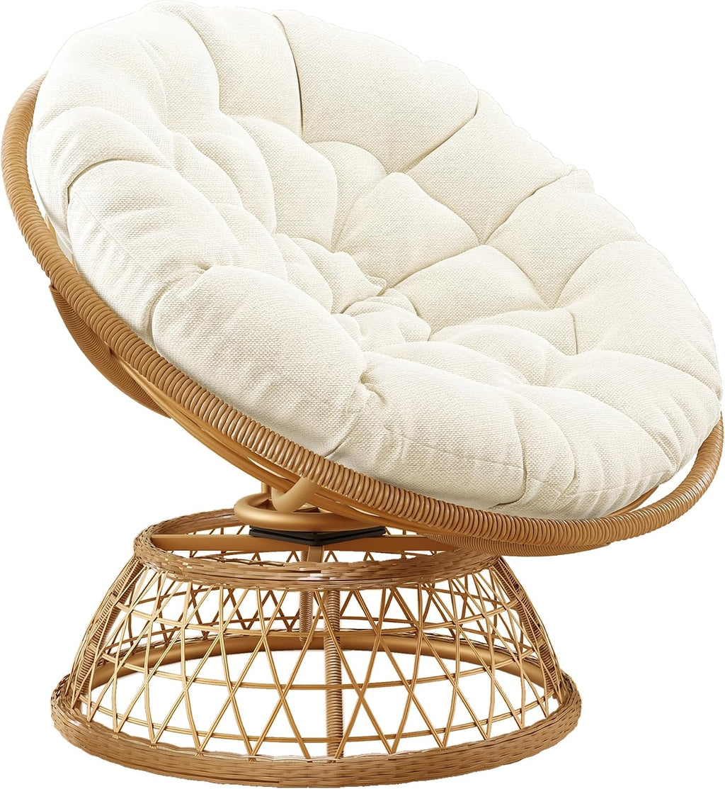 38'' 360 Degree Swivel Wicker Papasan Chair with Cushion and Base - Thickened Rattan Swivel Papasan Chair with Soft Cushion and Durable Frame, Oversized Reading Chair for Living Room, Beige