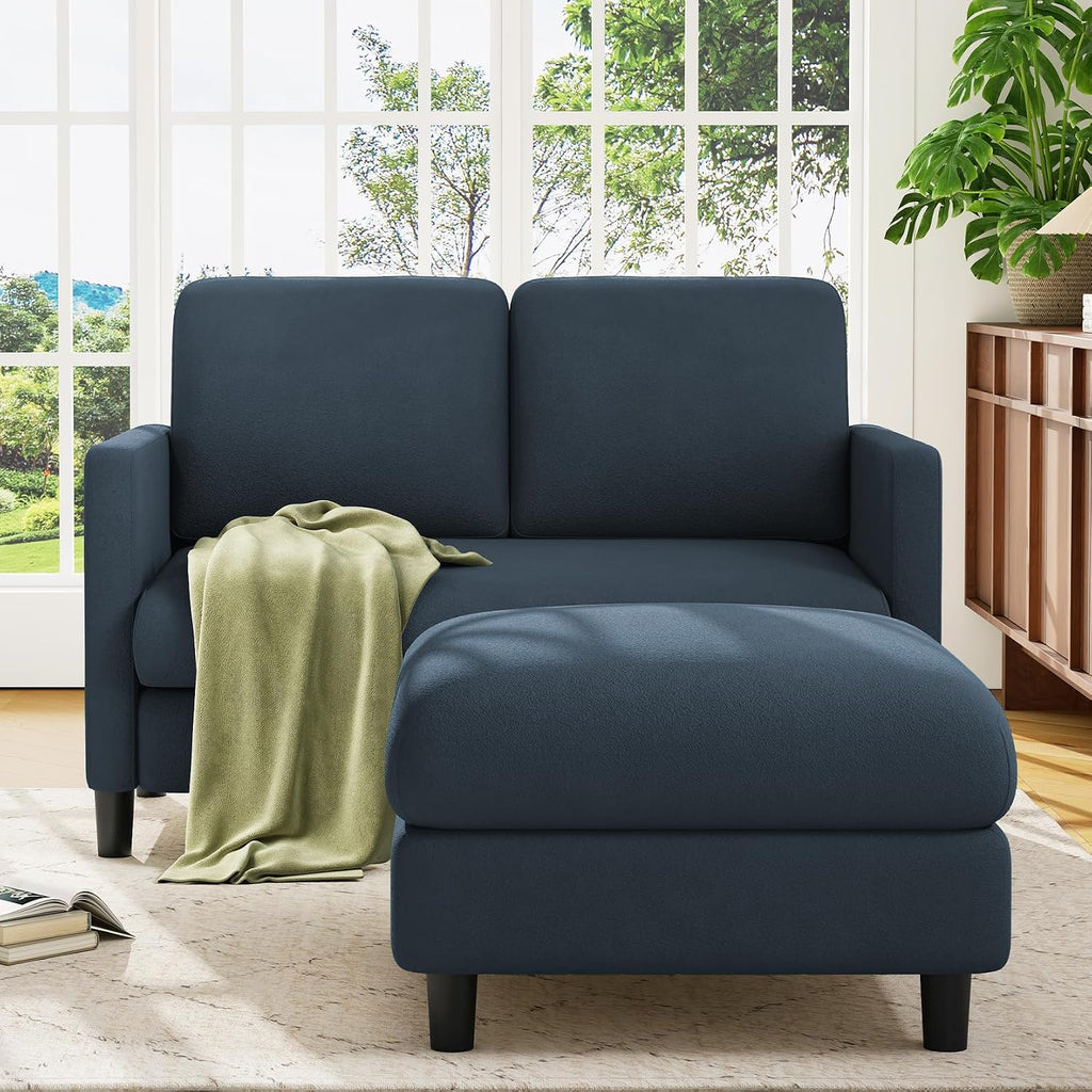 Welzona Loveseat, 51' Small L Shaped Couch, Comfy Teddy Love Seat with Ottoman Set, Tool-Free Setup Loveseat Sofa with Ottoman, All-Wood Small Sofa Couch for Bedroom, Couch for Living Room, Blue Grey