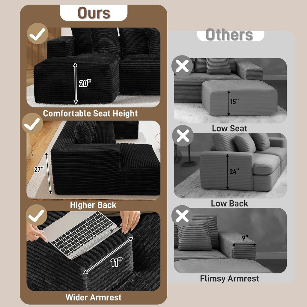 131' Oversized U Shaped Cloud Sectional Couches for Living Room, Comfy Fluffy Corduroy Black Boneless Sectionals Couch, Plush Memory Foam Modular Sectional Sofa with Chaise- 19' Seat Height