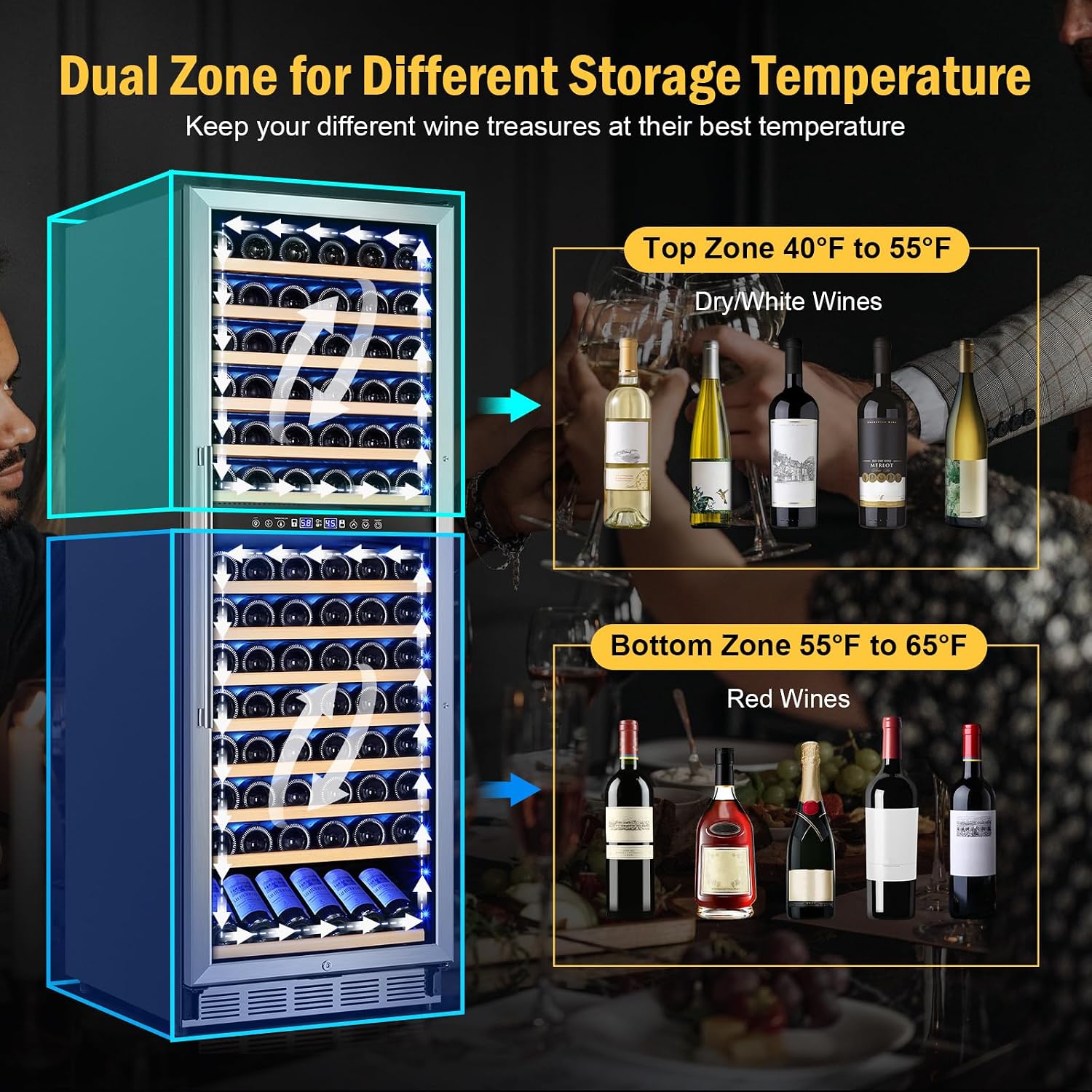 FoMup Wine Cooler Refrigerator 24 Inch, 180 Bottles Large Wine Fridge Dual Zones, Tall Freestanding/Built-in Wine Cellar Professional with Reversible Door Sliding Rail Shelves