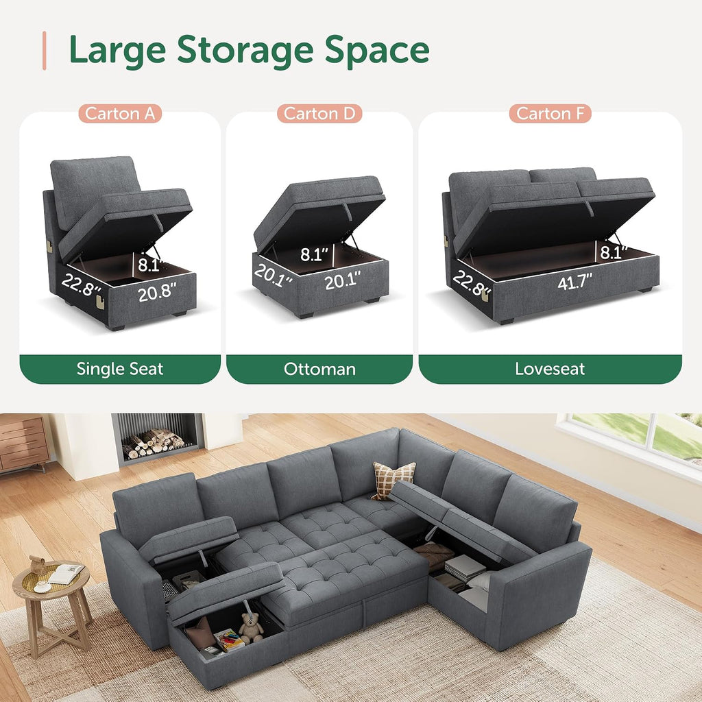 HONBAY Modular Sectional Couch with Pull Out Bed,Moduar Sleeper Sofa with Storage,U Shaped Sectional Couches for Living Room,Bluish Grey