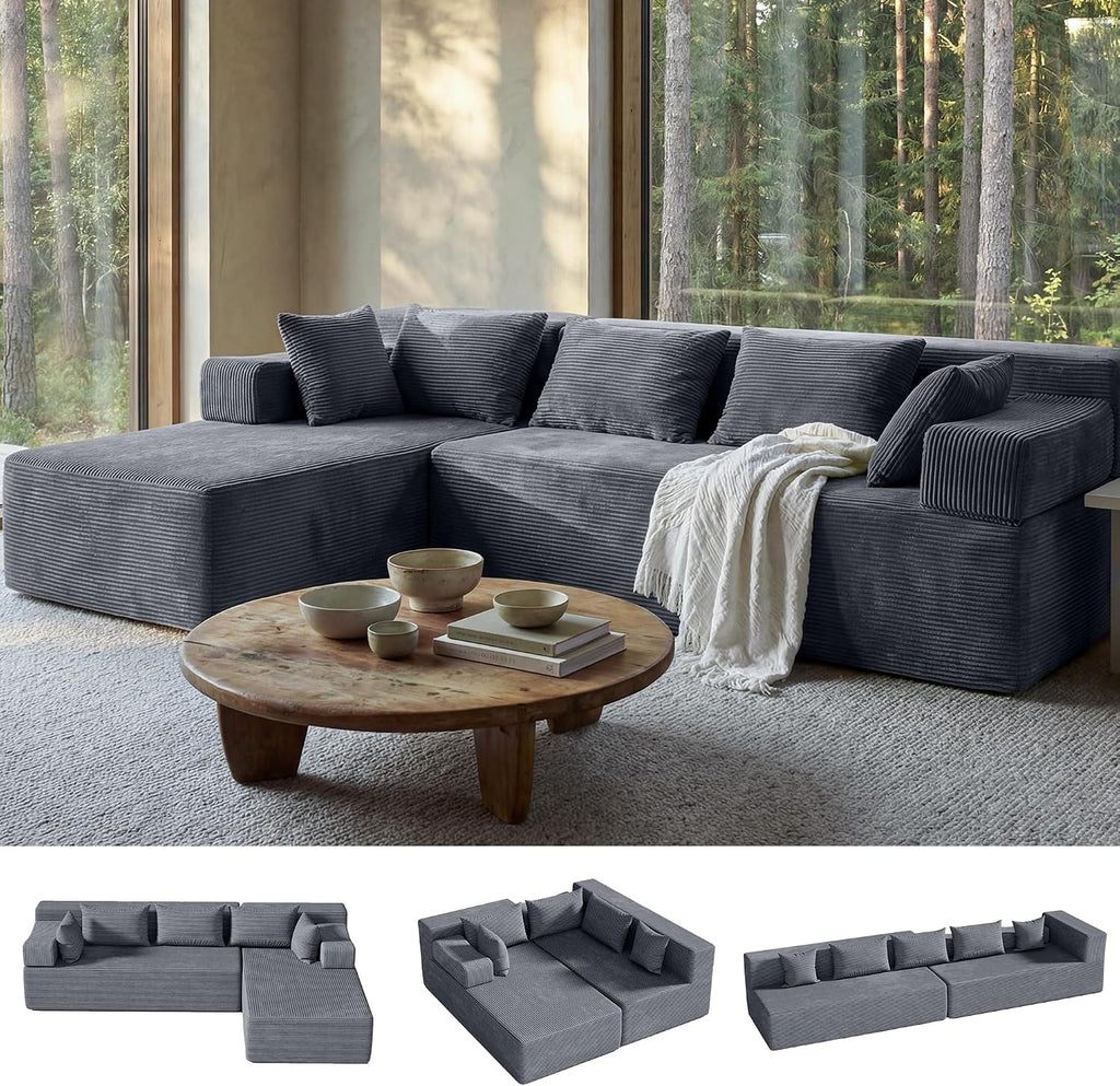 MONVANE 106' Cloud Sectional Couch with L-Shaped Chaise, Modular Sectional Sofa with Deep Seat and Removable Armrests, Comfy Corduroy Boneless Couches for Living Room, No Assembly Required, Grey