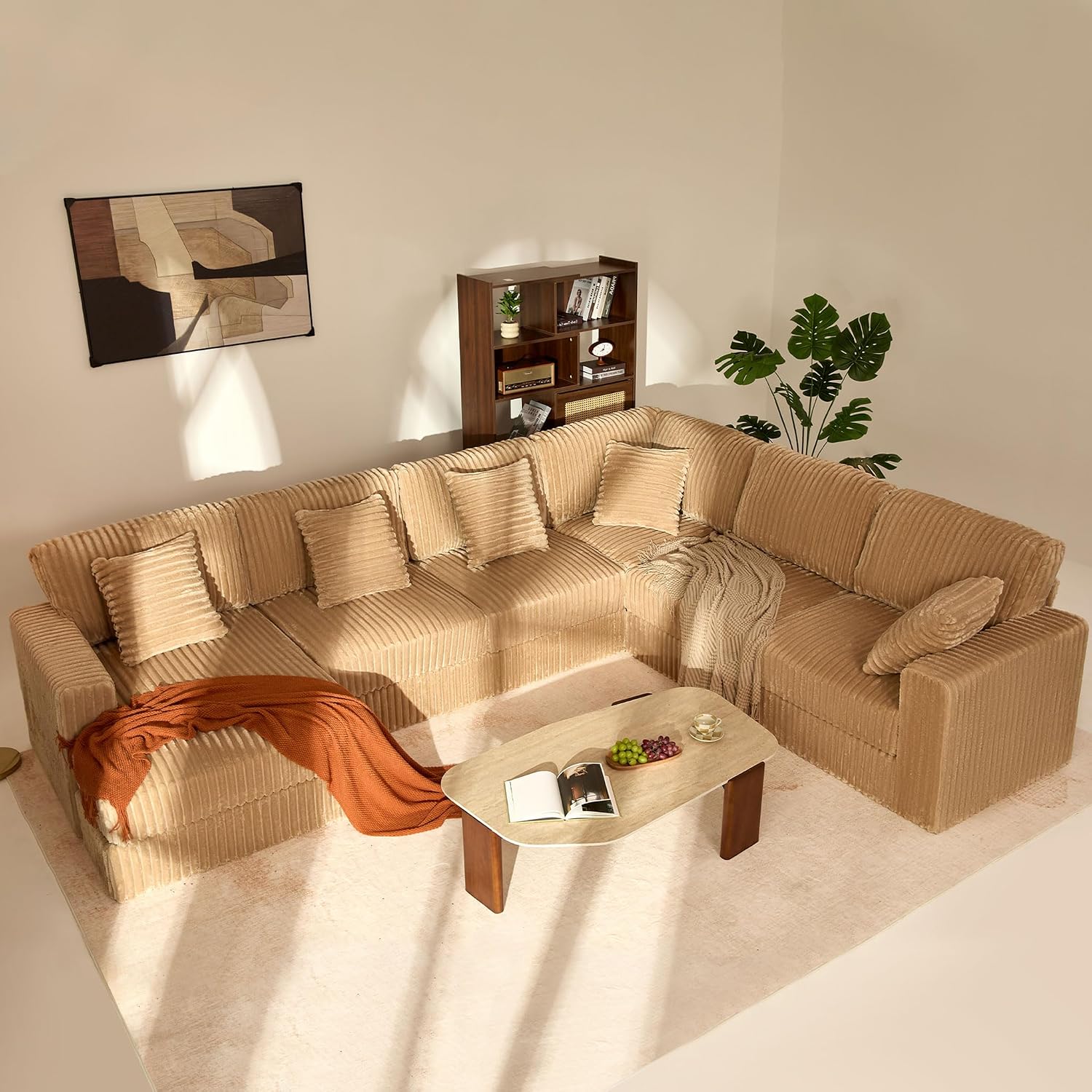 Cloud Couch 139' U-Shaped Couch(Not Boneless), Oversized 7-Seater Modular Couch, Queen Sofa with Corduroy Upholstery, Deep Seats, Pocket Spring Cushions for Living Room, Left Facing Chaise, Camel