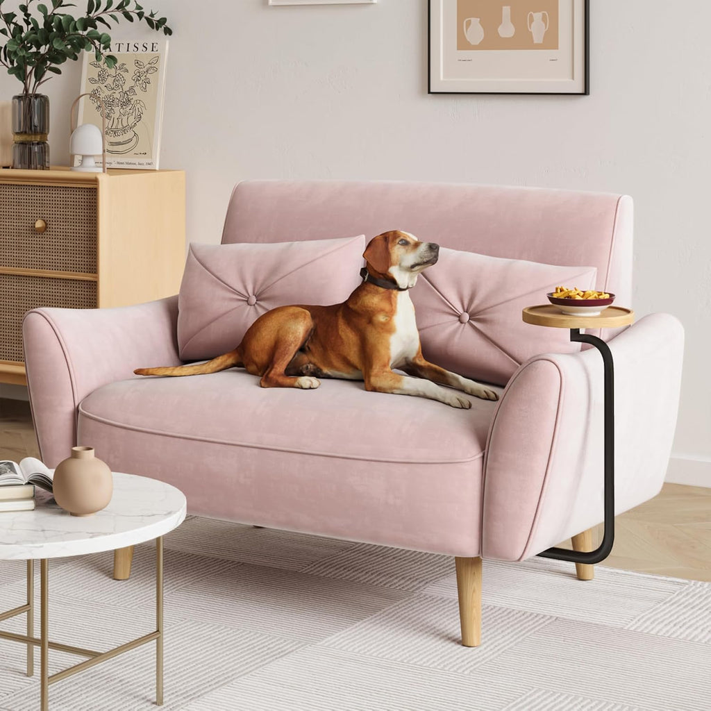Brelice Loveseat Sofa, 47' Velvet Couch for Bedroom, Convertible Wooden Tray & Ergonomic Armrest, for Small Space, Apartment, Living Room, Home Office, Easy Assembly, Pink