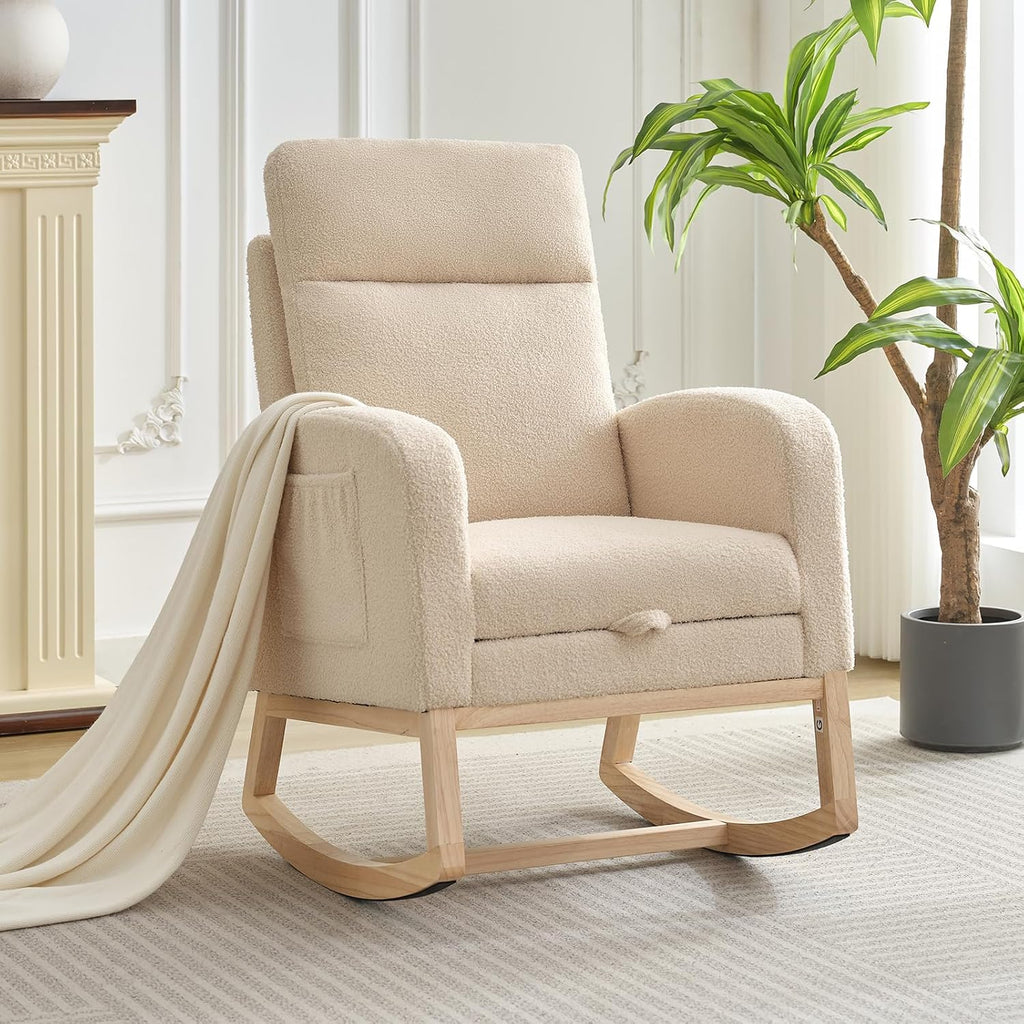 Nursery Rocking Chair with Foot Rest,Modern PU Upholstered Reading Glider Chair,High Backrest & Side Pocket for Living Room, Bedroom, Baby Room
