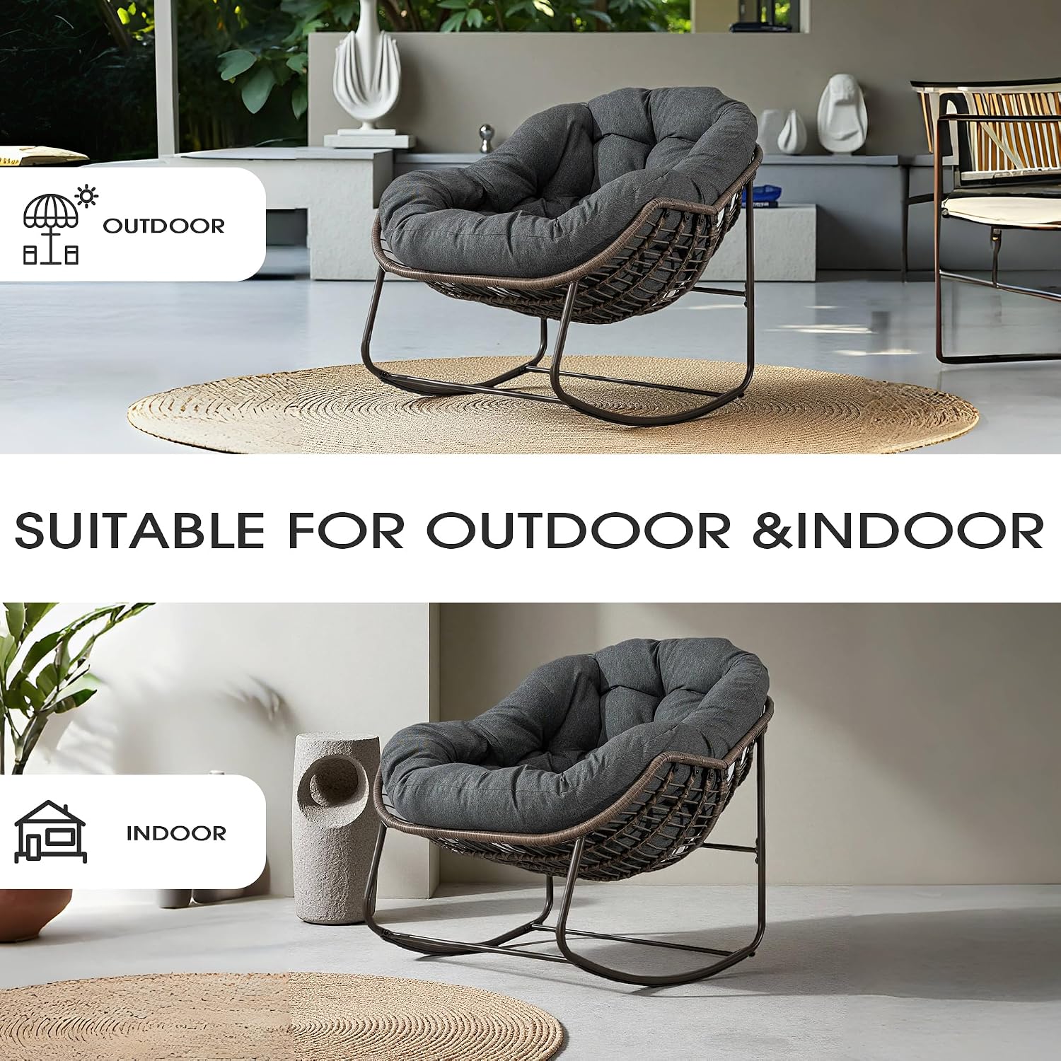 Oversized Papasan Rocking Chair, Indoor & Outdoor Egg Rocker with All-Weather Hand-Woven Rattan & Rust-Proof Steel Frame for Porch, Patio, Living Room (Linen-Like, Dark Grey)