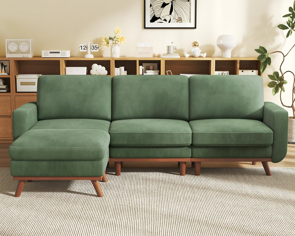 Vesgantti 97' L-Shape Modular Sofa, 3-Seat Corduroy Couch with Movable Ottoman, Sectional Sofa for Living Room, Green