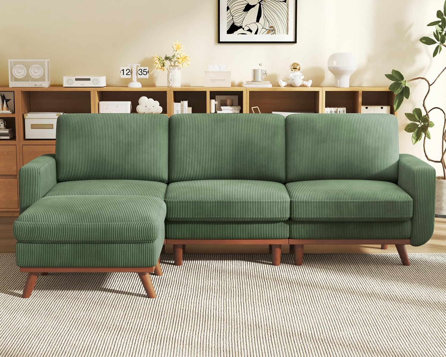 Vesgantti 97' L-Shape Modular Sofa, 3-Seat Corduroy Couch with Movable Ottoman, Sectional Sofa for Living Room, Green