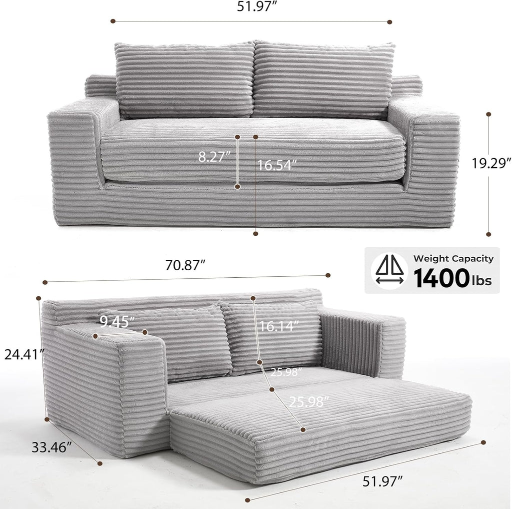 GNIXUU Corduroy Cloud Loveseat Sofa, 2 in 1 Convertible Sleeper Sofa with Fixed-Shape Frame, Comfy Folding Boneless Love Seat Couches for Living Room, Apartment, Small Spaces Grey