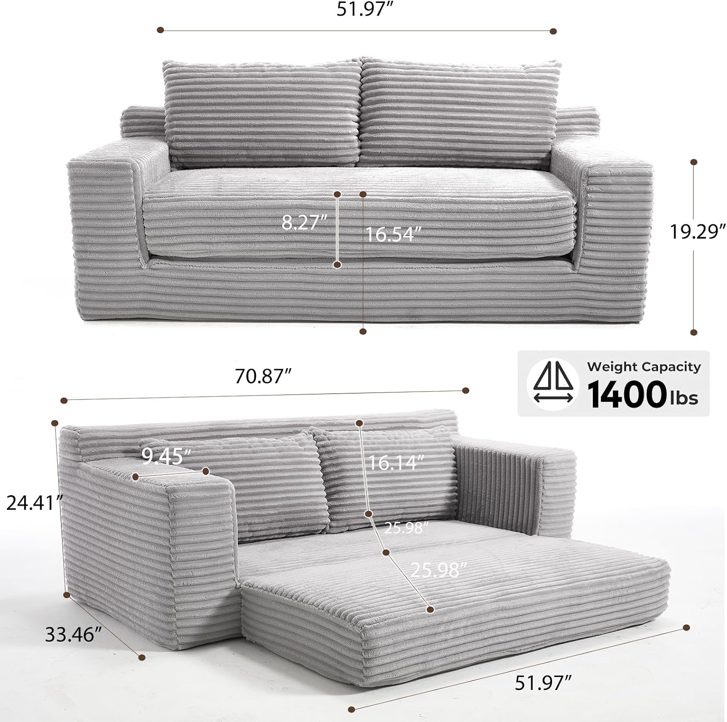 GNIXUU Corduroy Cloud Loveseat Sofa, 2 in 1 Convertible Sleeper Sofa with Fixed-Shape Frame, Comfy Folding Boneless Love Seat Couches for Living Room, Apartment, Small Spaces Grey