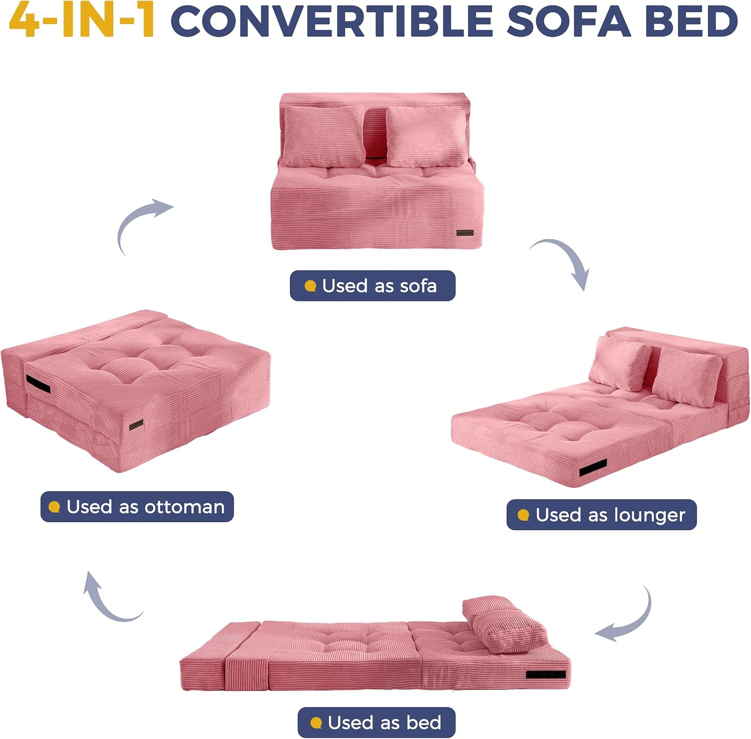 MAXYOYO Convertible Sofa Bed, Fold Out Sleeper Sofa with Pillow, 4 in 1 Tufted Folding Couch Bed Foam Floor Couch, Lazy Chair for Living Room Bedroom Guest Room, Pink