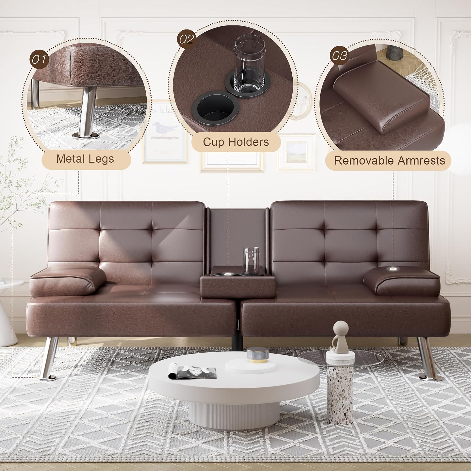 Shahoo Convertible Folding Futon Sofa Bed Sleeper Couch for Living Room Faux Leather Upholstered Loveseat w/Removable Armrests, Metal Legs, 2 Cup Holders, Brown