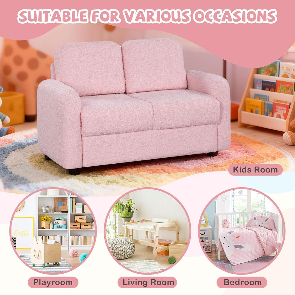 Costzon Kids Couch, 2 Seat Toddler Armrest Chair w/Teddy Fleece Upholstery & Solid Wooden Frame, Double Seat Children's Sofa for Preschool, Bedroom, Playroom, Daycare, Ideal Gift for Girls Boys