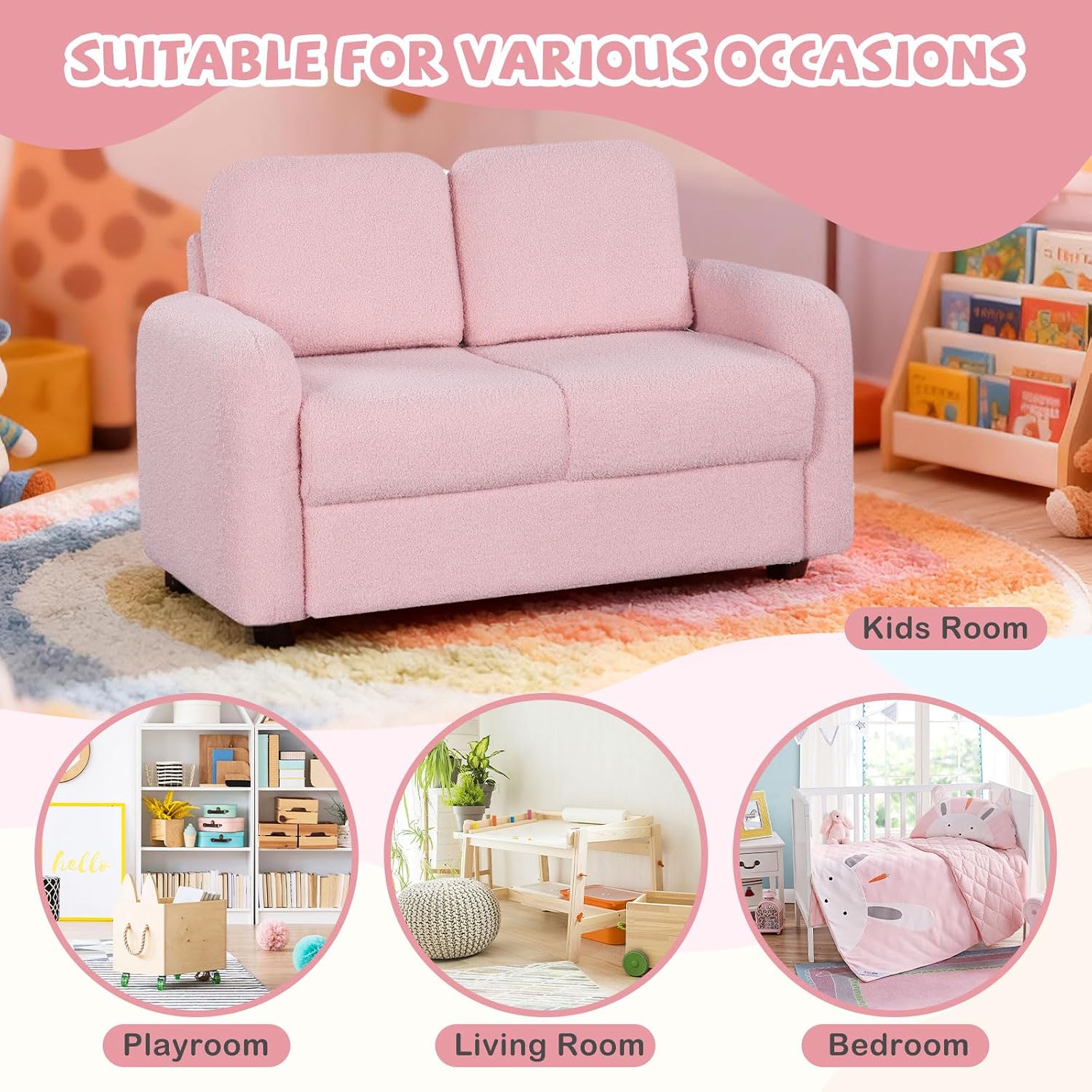 Costzon Kids Couch, 2 Seat Toddler Armrest Chair w/Teddy Fleece Upholstery & Solid Wooden Frame, Double Seat Children's Sofa for Preschool, Bedroom, Playroom, Daycare, Ideal Gift for Girls Boys