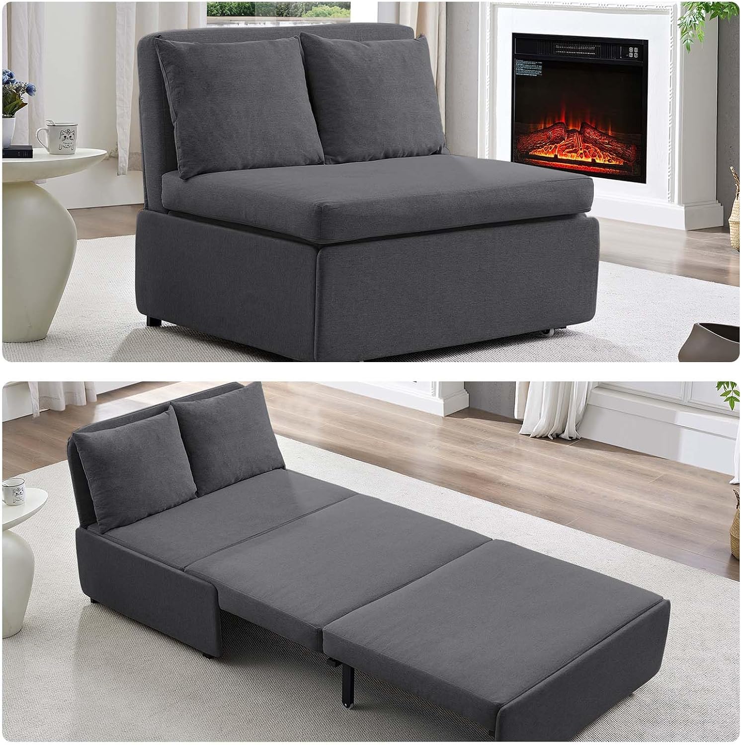 CECER 43.3' Twin Size Pull Out Sofa Bed, Pull Out Couch Bed with 2 Pillows, Linen Convertible Sleeper Sofa with Comfy Mattress, 2 in 1 Armless Loveseat Beds for Small Space-Dark Grey