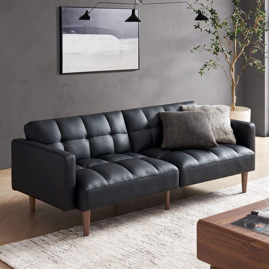 mopio 76.4' Futon Sofa Bed, Couch, Loveseat, Sleeper Sofa, Mid Century Modern Futon Couch, Sofa Cama, Couches for Living Room (Aaron PU, Midnight Black)