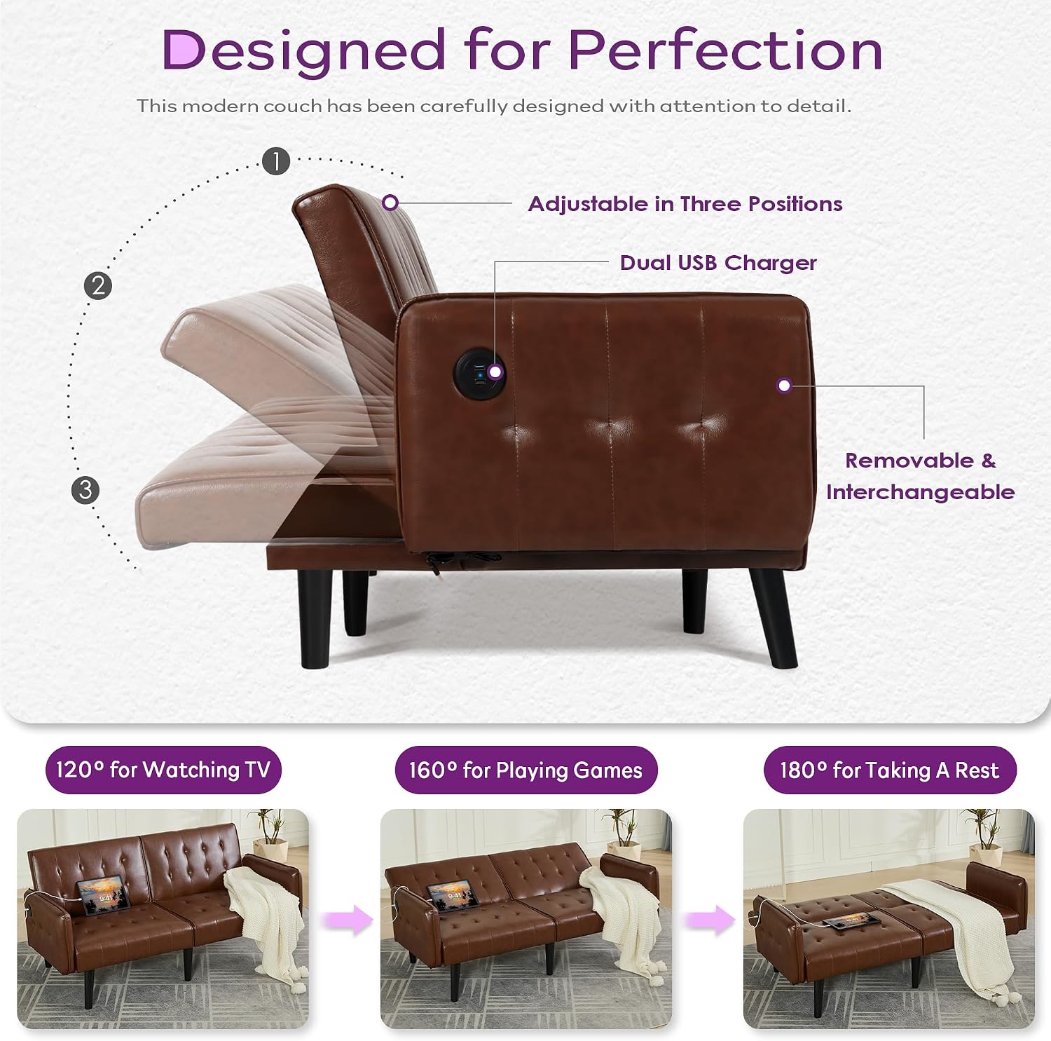 TYBOATLE 65' Convertible Futon Sofa Bed w/ 2 USB,Tufted Small Adjustable Folding Couch Loveseat, Modern Mid Century Faux Leather Sleeper Sofa for Living Room, Bedroom,Office, Brown