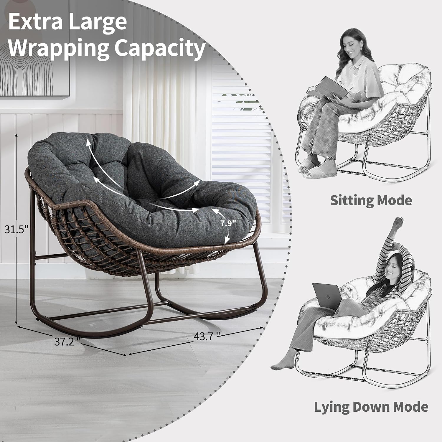 Oversized Papasan Rocking Chair - Outdoor Luxury Comfy Patio Chair Indoor Egg Royal Rattan Rocking Chair with Cushion for Front Porch Lounge Lawn Bedroom Living Room (Grey)