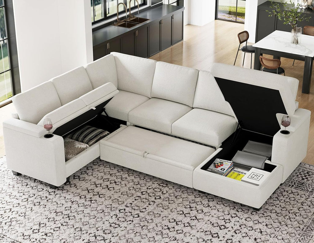 Belffin Sleeper Sofa Modular Sectional Pull Out Couch Bed U Shaped Sofa Couch for Living Room with Storage Chaise. White