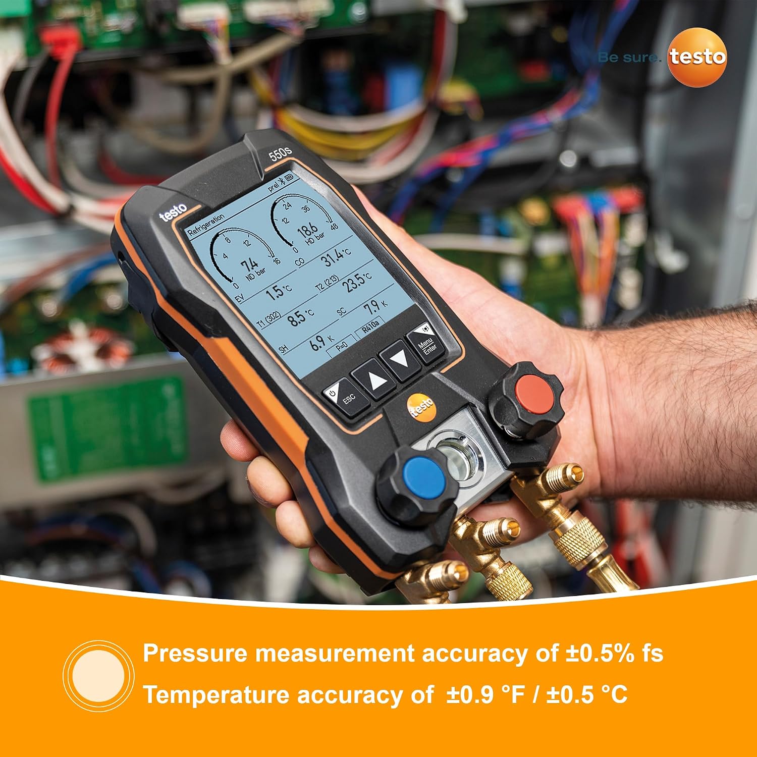 testo 550s AC Manifold Gauge Set – Manifold Gauges Hvac and Refrigeration – Incl. 2x testo 115i Pipe Clamp Thermometer, 1x testo 552i Micron Gauge Hvac - AC Recharge Kit with Bluetooth
