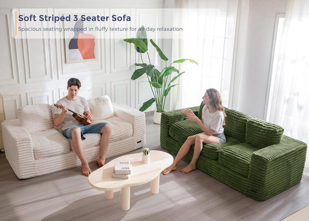 MAXYOYO 3-Seater Boneless Sofa Couch in a Box, Modern Faux Fur Sofa for Living Room, Soft High-Density Foam Couch with Pillows, Fluffy & Supportive Lounge, No Assembly Required, Green