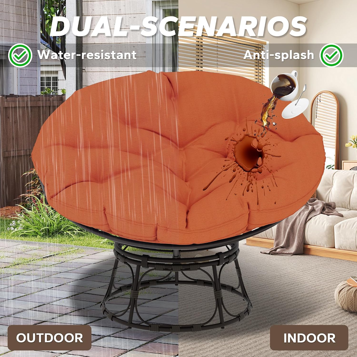 46'' Large Size Papasan Chair (Non-Swivel) with Cushion and Frame, Round Lazy Chair for Living Room and Bedroom, Orange