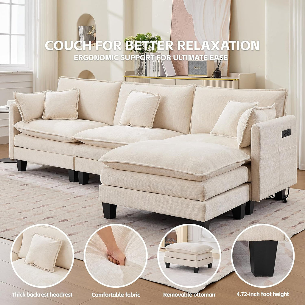Opiesit Modular Sectional Sofa with Movable Ottoman, 110' 4-Seat Modern Couches for Living Room, Comfy L Shaped Couch Set with Deep Seat for Office and Apartment, Beige Chenille Fabric