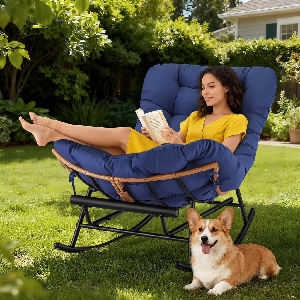 Garvee 2PCS Papasan Rocking Chair with Foot Rest, Oversized Papasan Chair with Thick Removable Cushion and Metal Frame, Lounge Chairs and PE Rattan Rocker for Patio, Porch, Garden, Lawn, Living Room