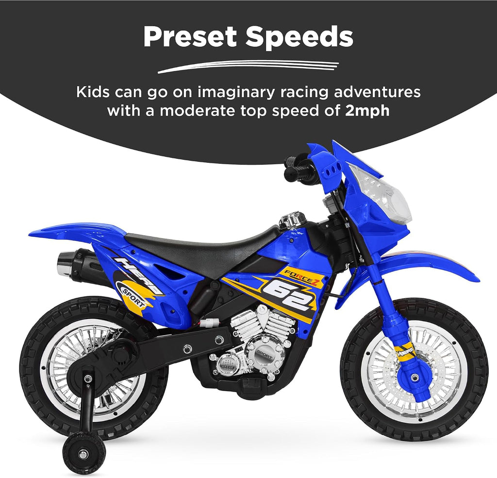 Best Choice Products Kids 6V Ride On Motorcycle w/Treaded Tires, Working Headlights, 2mph Top Speed, Training Wheels, Realistic Sounds, Music, Battery Charger - Blue