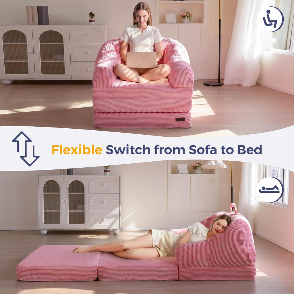 MAXYOYO Folding Sofa Bed with Backrest, Boneless Fold Out Couch Bed with Handle, 2 in 1 Convertible Bean Bag Chair to Floor Sofa Lounger, Comfy Folding Couch for Bedroom & Living Room, Pink