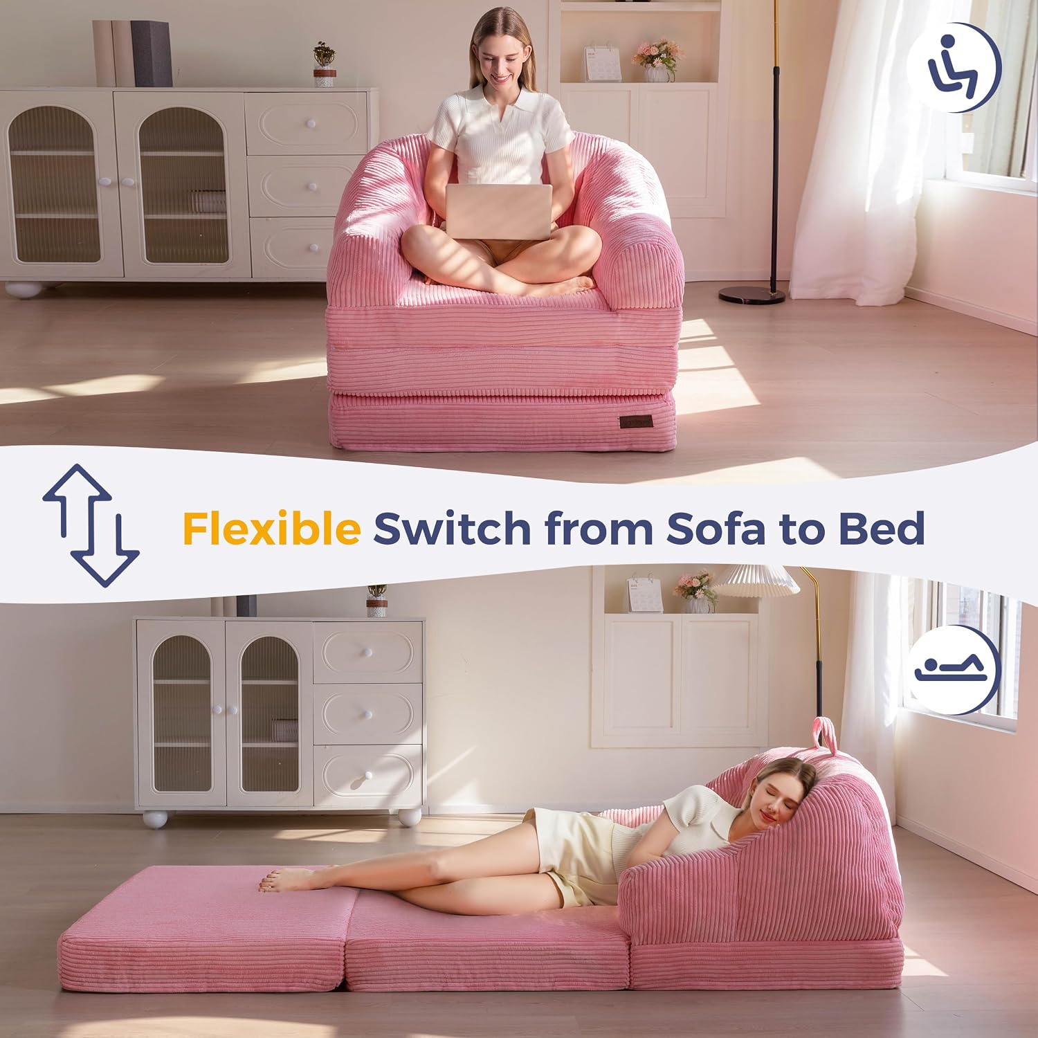 MAXYOYO Folding Sofa Bed with Backrest, Boneless Fold Out Couch Bed with Handle, 2 in 1 Convertible Bean Bag Chair to Floor Sofa Lounger, Comfy Folding Couch for Bedroom & Living Room, Pink