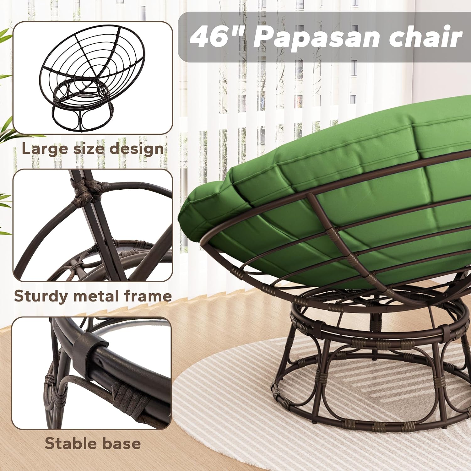 46'' Large Size Papasan Chair (Non-Swivel) with Cushion and Frame, Lazy Chair for Living Room and Bedroom, Green
