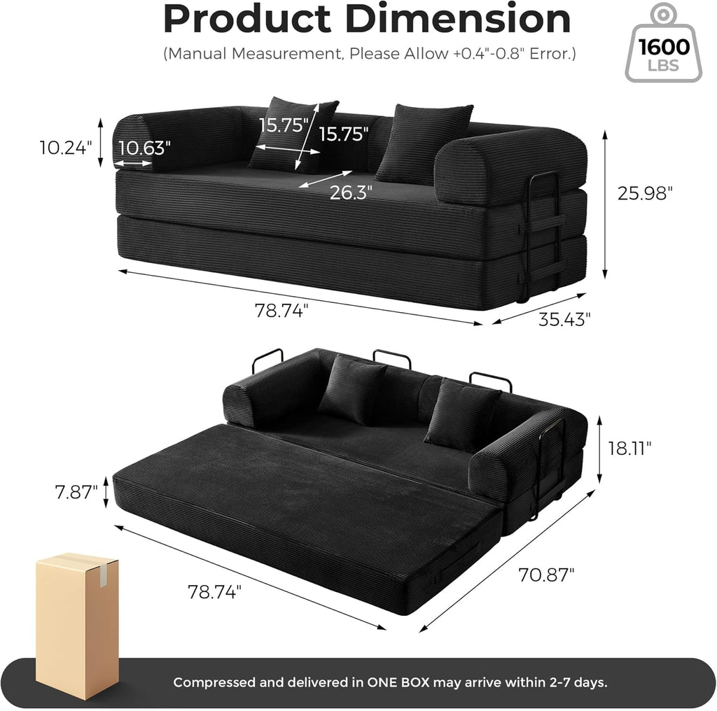 5-in-1 Convertible Sofa Bed No Assembly, 79' Fixed Steel Frame Sleeper with High-Resilience Foam, Corduroy Modular Couch Foldable for Small Space, Apartment, Studio (Black)