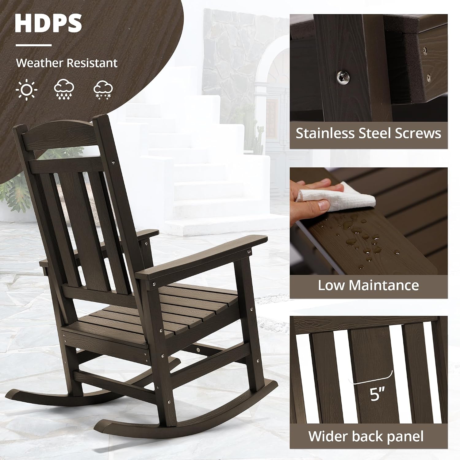 LUE BONA Outdoor Rocking Chairs Set of 4, Weather Resistant HDPS Poly Rocker Chairs, 350lb Heavy Duty, Oversized Porch Rocker for Adult, High Back Smooth Rocking for Outdoor & Indoor, Brown