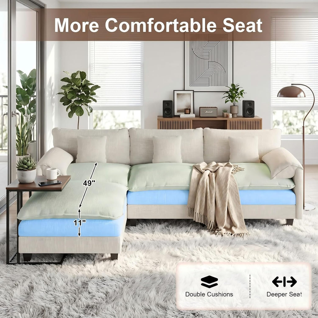 KCGKCG Modular Sectional Sofa, 108' Comfy Cloud Couch with Movable Ottoman | Charging Station | Side Pocket | Throw Pillow, Modern L-Shaped Couches for Living Room, Chenille, Cloud White