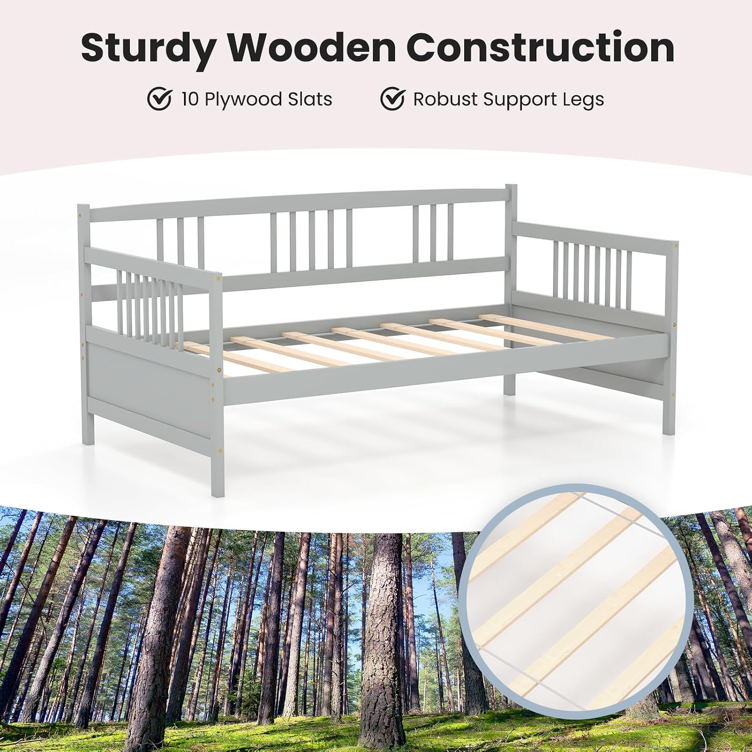 Giantex Twin Daybed Frame, Wooden Sofa Bed Guest Bed with Rails & Wood Slat Support, Dual-use Twin Size Platform Bed Frame for Living Room Bedroom, No Box Spring Needed, Grey